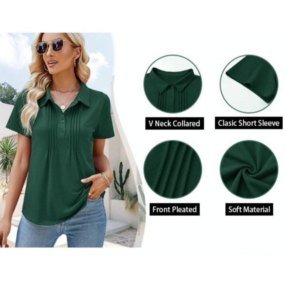 Emerald Green Collared Polo Shirt Soft Stretch Fabric Womens Large - Picture 2 of 9